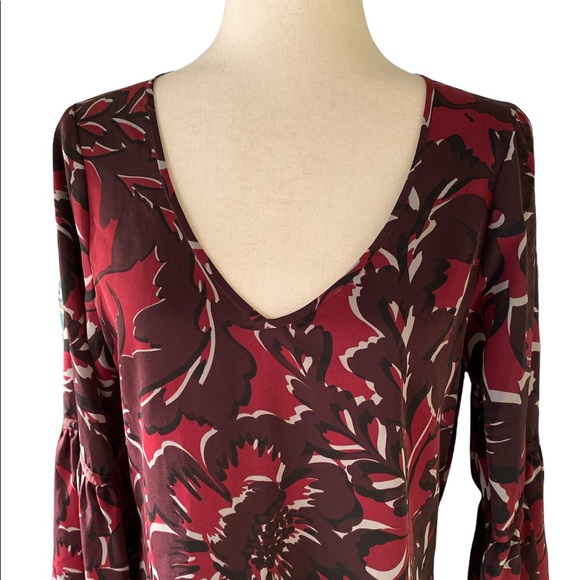 Saks Fifth Avenue Bell Flare Sleeve Plum Floral Flowy Tunic Shift Dress - S - Picture 2 of 13